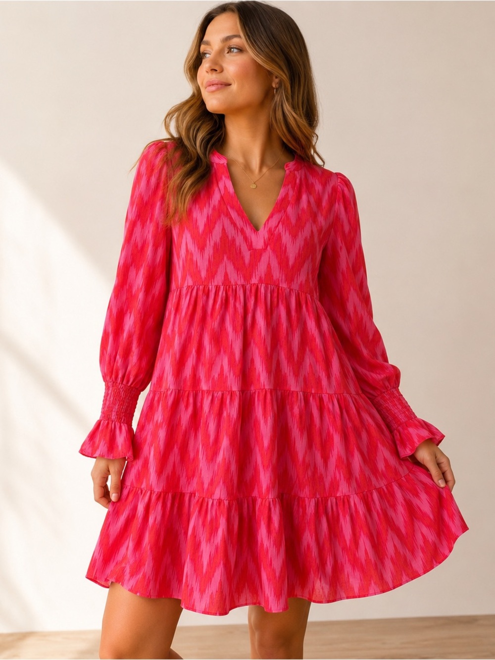 Pomander Place Kenzo Dress Hot Pink Ikat Tiered Mini Smocked Sleeve S Babydoll